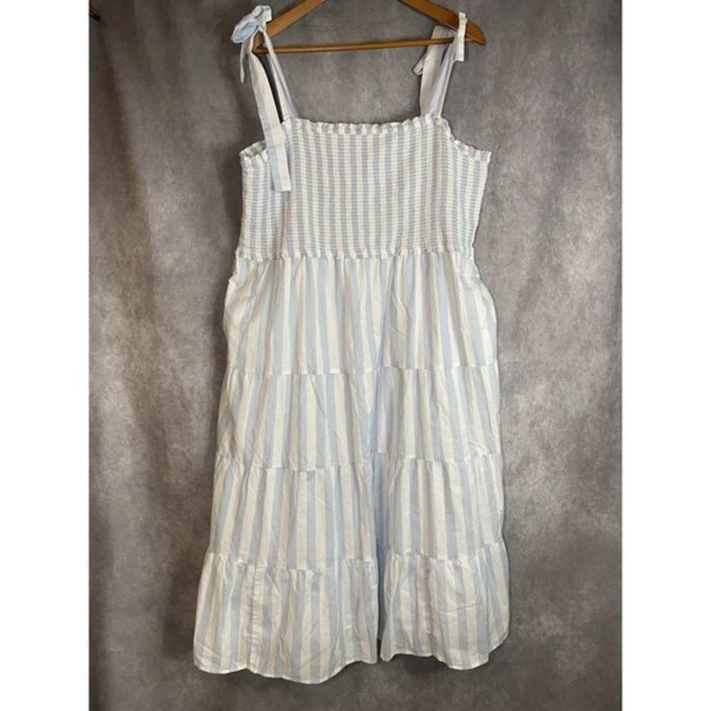 Classic Resort J. Crew Midi Dress Smocked Tiered Size 2XL Cotton Blue Striped